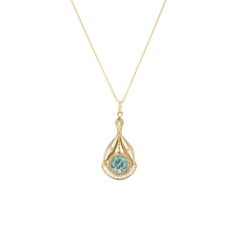 1.60 Carat Blue Zircon Pearl Yellow Gold Pendant Necklace