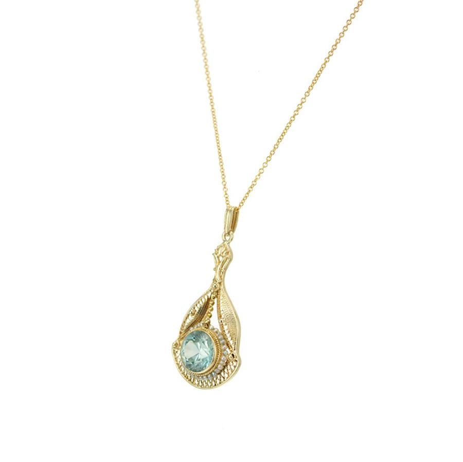 Round Cut 1.60 Carat Blue Zircon Pearl Yellow Gold Pendant Necklace For Sale