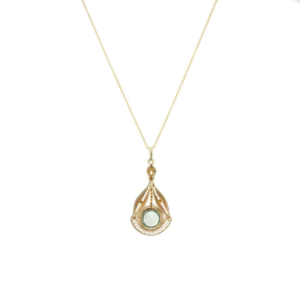 1.60 Carat Blue Zircon Pearl Yellow Gold Pendant Necklace In Good Condition For Sale In Stamford, CT