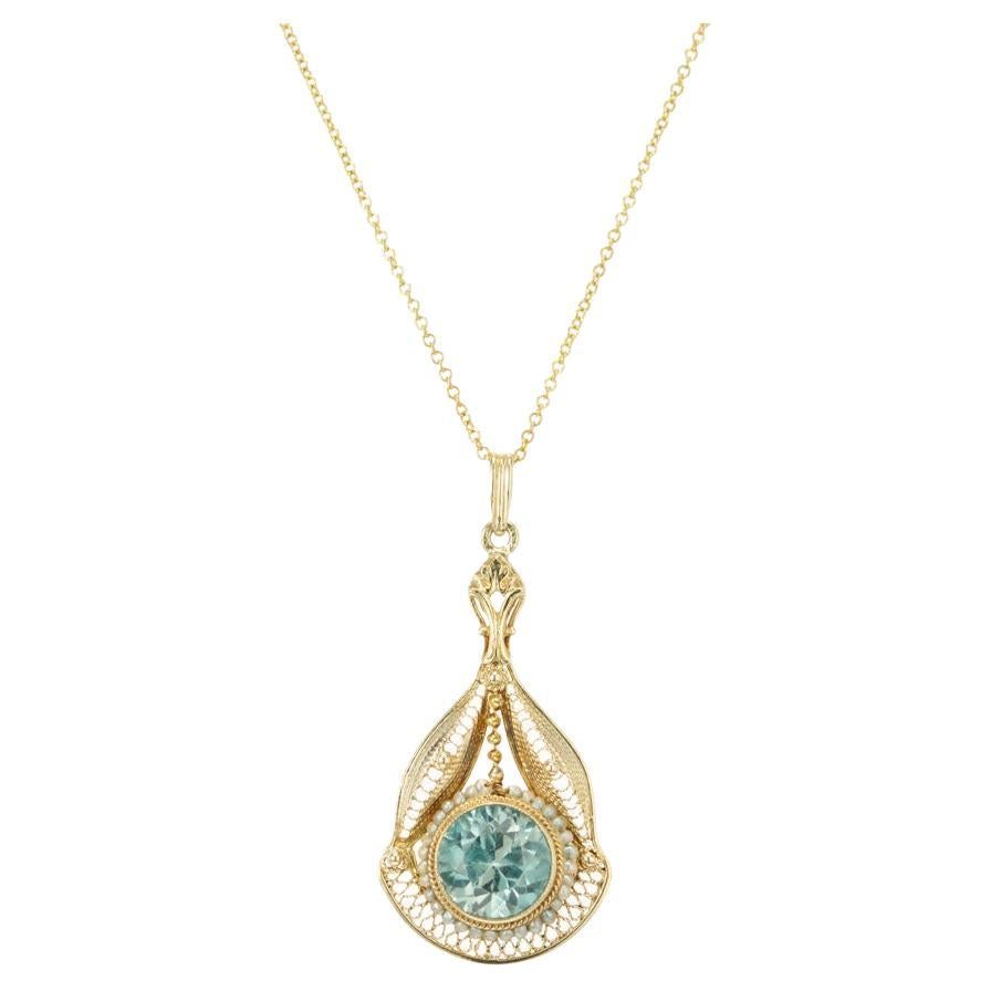 1.60 Carat Blue Zircon Pearl Yellow Gold Pendant Necklace For Sale