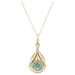 Antique 1.60 Carat Blue Zircon Pearl Yellow Gold Pendant Necklace