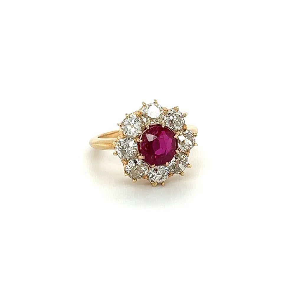 Neoclassical 1.60 Carat Burma NO HEAT Ruby GIA and Old Mine Diamond Vintage Gold Ring For Sale