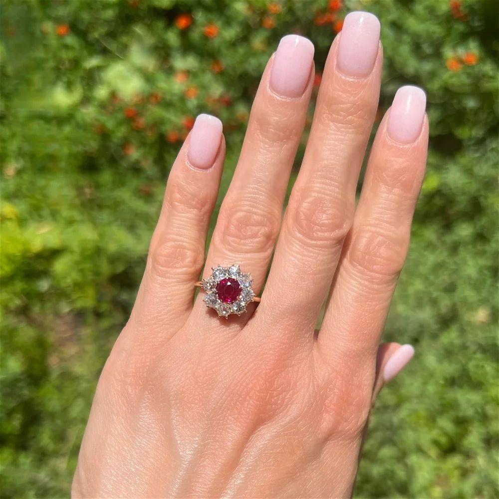 Mixed Cut 1.60 Carat Burma NO HEAT Ruby GIA and Old Mine Diamond Vintage Gold Ring For Sale