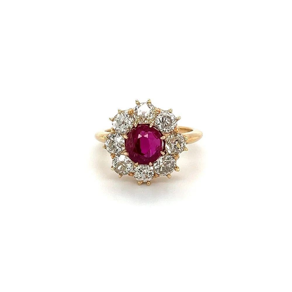 Women's 1.60 Carat Burma NO HEAT Ruby GIA and Old Mine Diamond Vintage Gold Ring For Sale