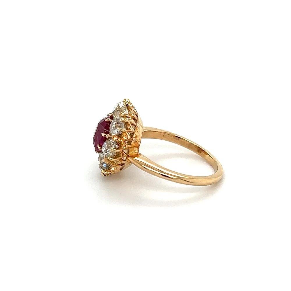 1.60 Carat Burma NO HEAT Ruby GIA and Old Mine Diamond Vintage Gold Ring For Sale 1