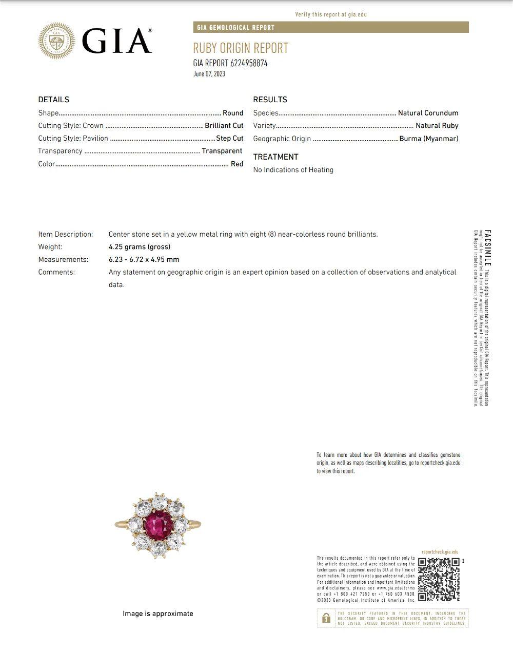 1.60 Carat Burma NO HEAT Ruby GIA and Old Mine Diamond Vintage Gold Ring For Sale 2