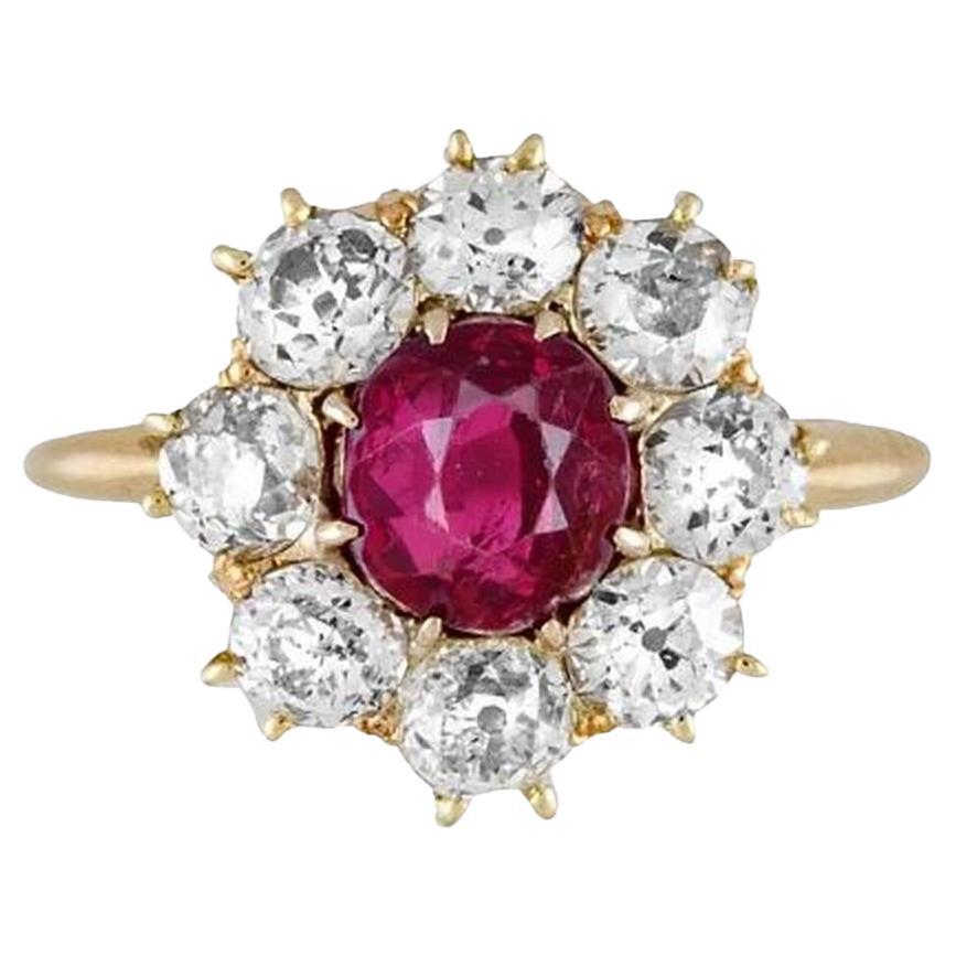1.60 Carat Burma NO HEAT Ruby GIA and Old Mine Diamond Vintage Gold Ring For Sale