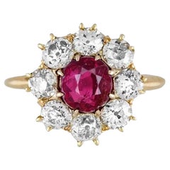 1.60 Carat Burma NO HEAT Ruby GIA and Old Mine Diamond Antique Gold Ring