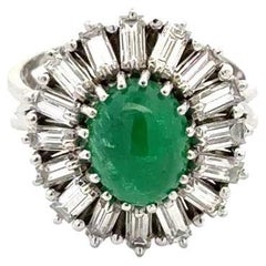 1.60 Carat Cabochon Emerald and Baguette Diamond Platinum Vintage Statement Ring