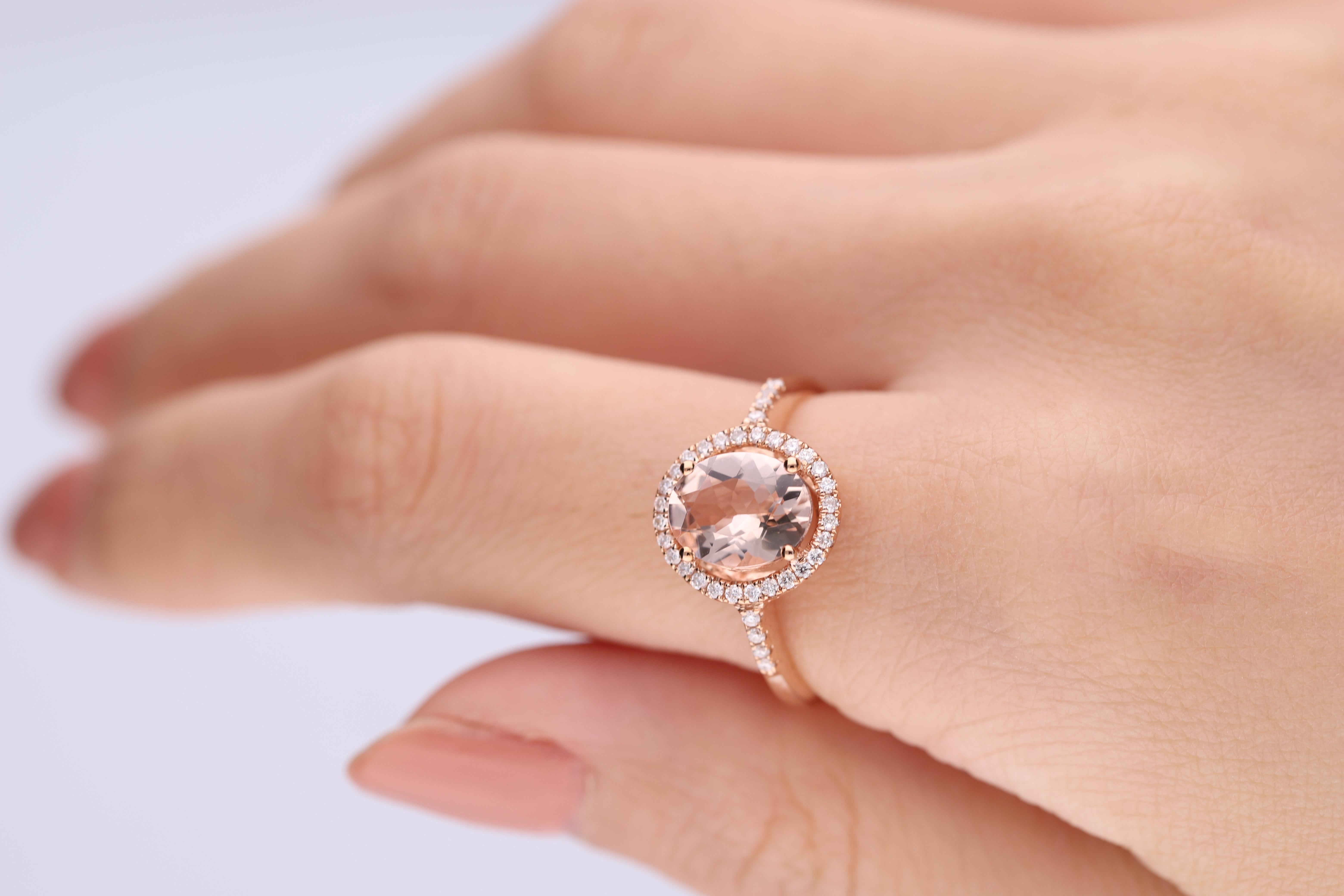 Stunning, timeless and classy eternity engagement ring. Decorate yourself in luxury with this Gin & Grace ring. The 10k Rose Gold jewelry boasts 7X9 Oval-Cut Prong Setting Genuine Morganite (1pcs) 1.60 Carat and Round-Cut Prong Setting Natural