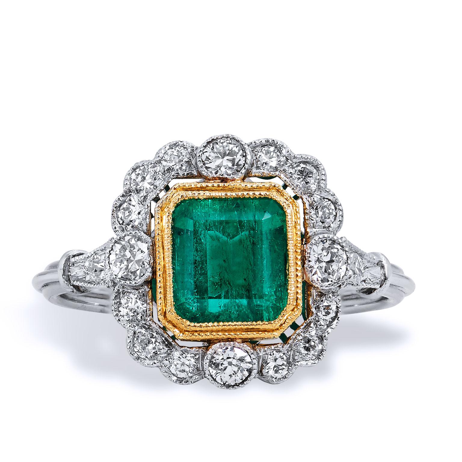 Emerald Cut GIA CERTIFIED  1.60 Carat Colombian Emerald Diamond Yellow Gold Platinum Ring