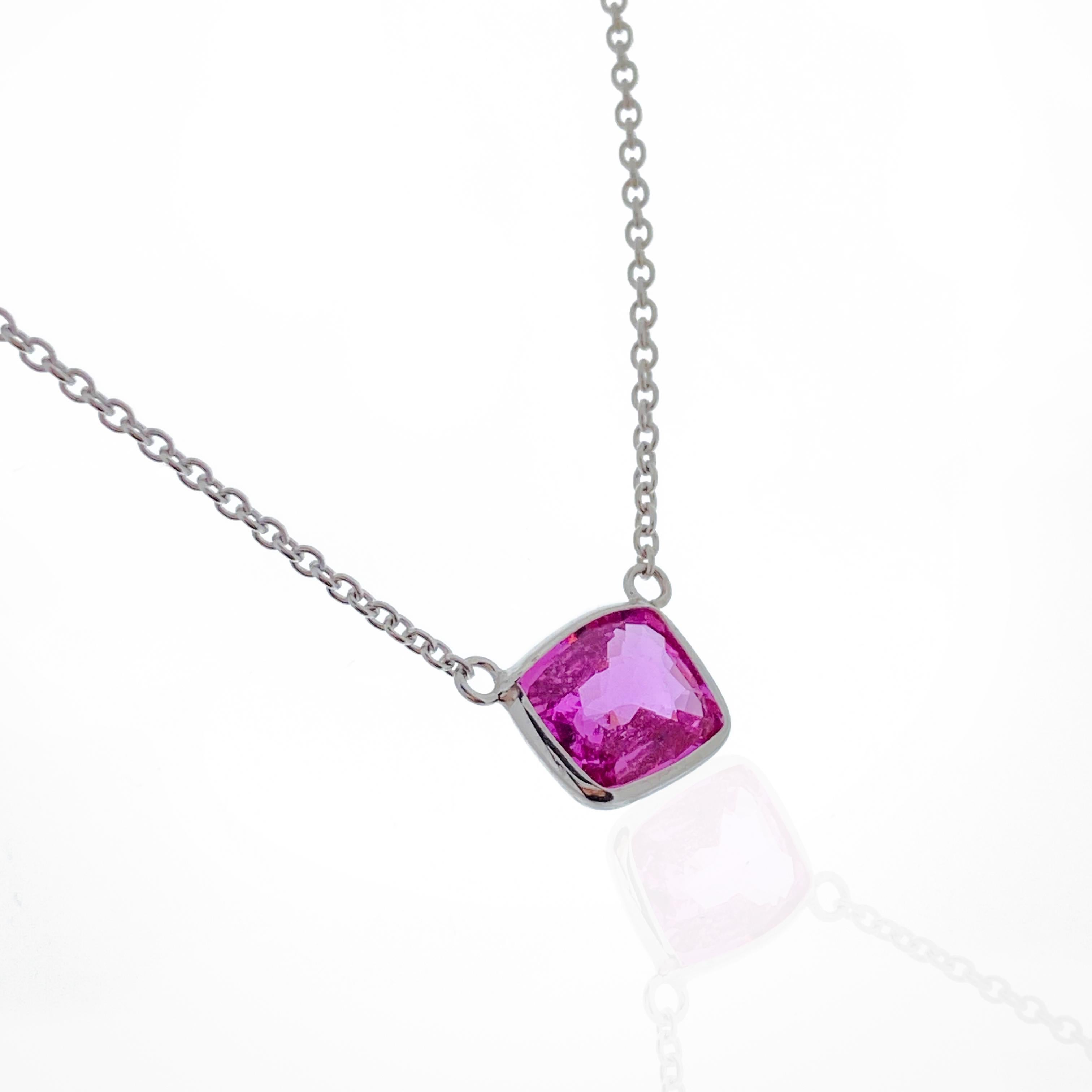 Contemporary 1.60 Carat Cushion Pink Sapphire Fashion Necklaces In 14K White Gold For Sale