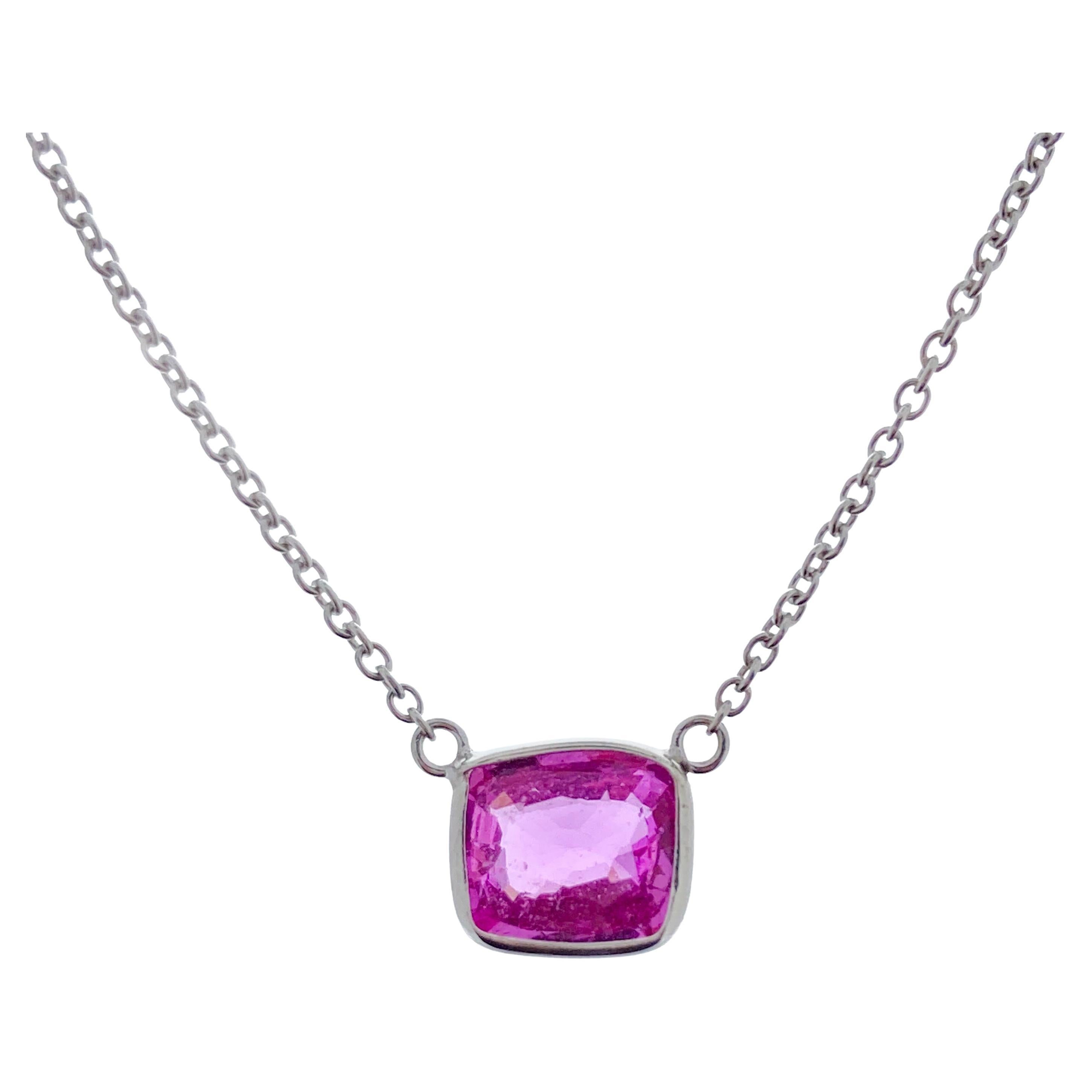 1.60 Carat Cushion Pink Sapphire Fashion Necklaces In 14K White Gold  For Sale
