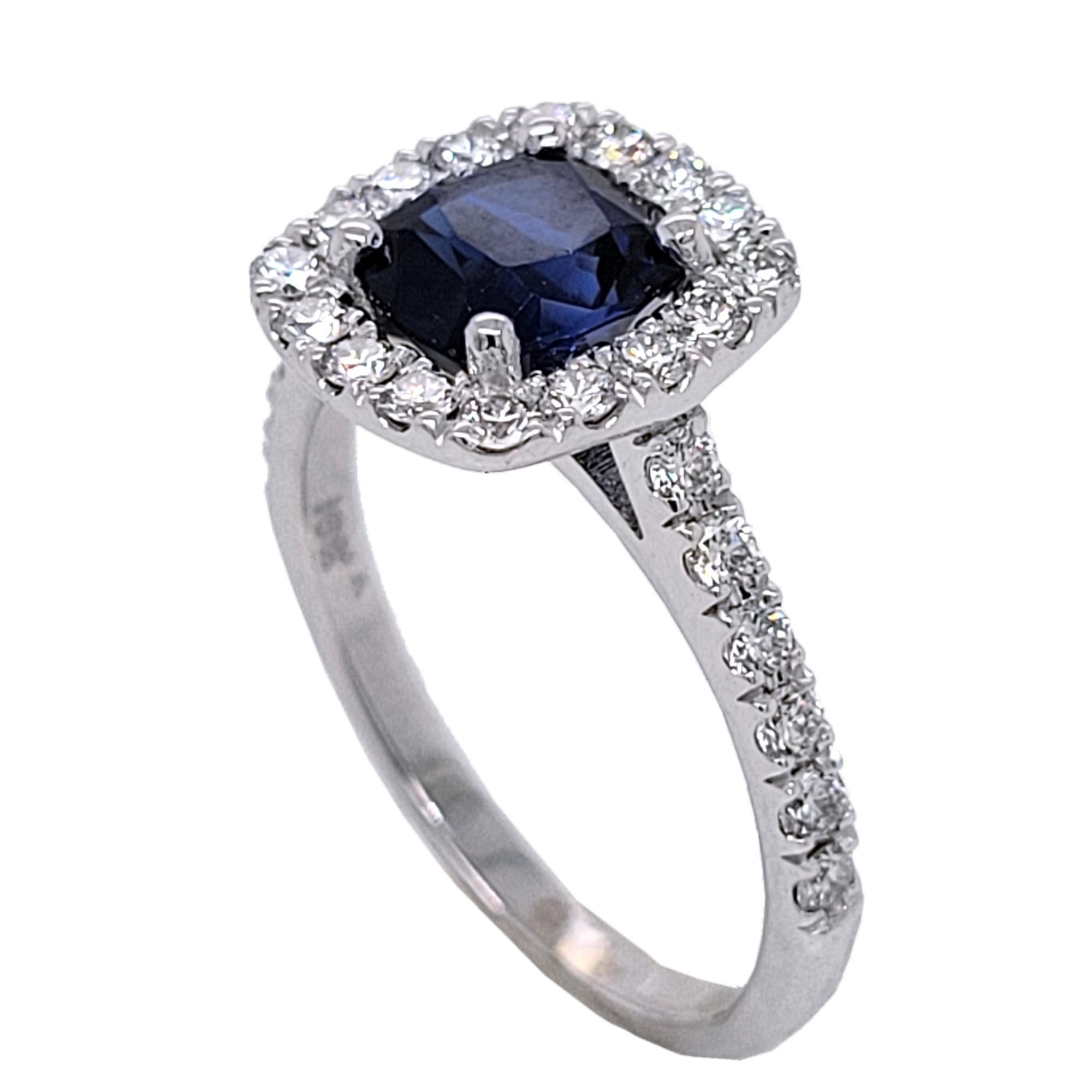 1.60 Carat Cushion Shape Sapphire 18 K Pave Set Engagement Ring with Halo In New Condition For Sale In Los Angeles, CA