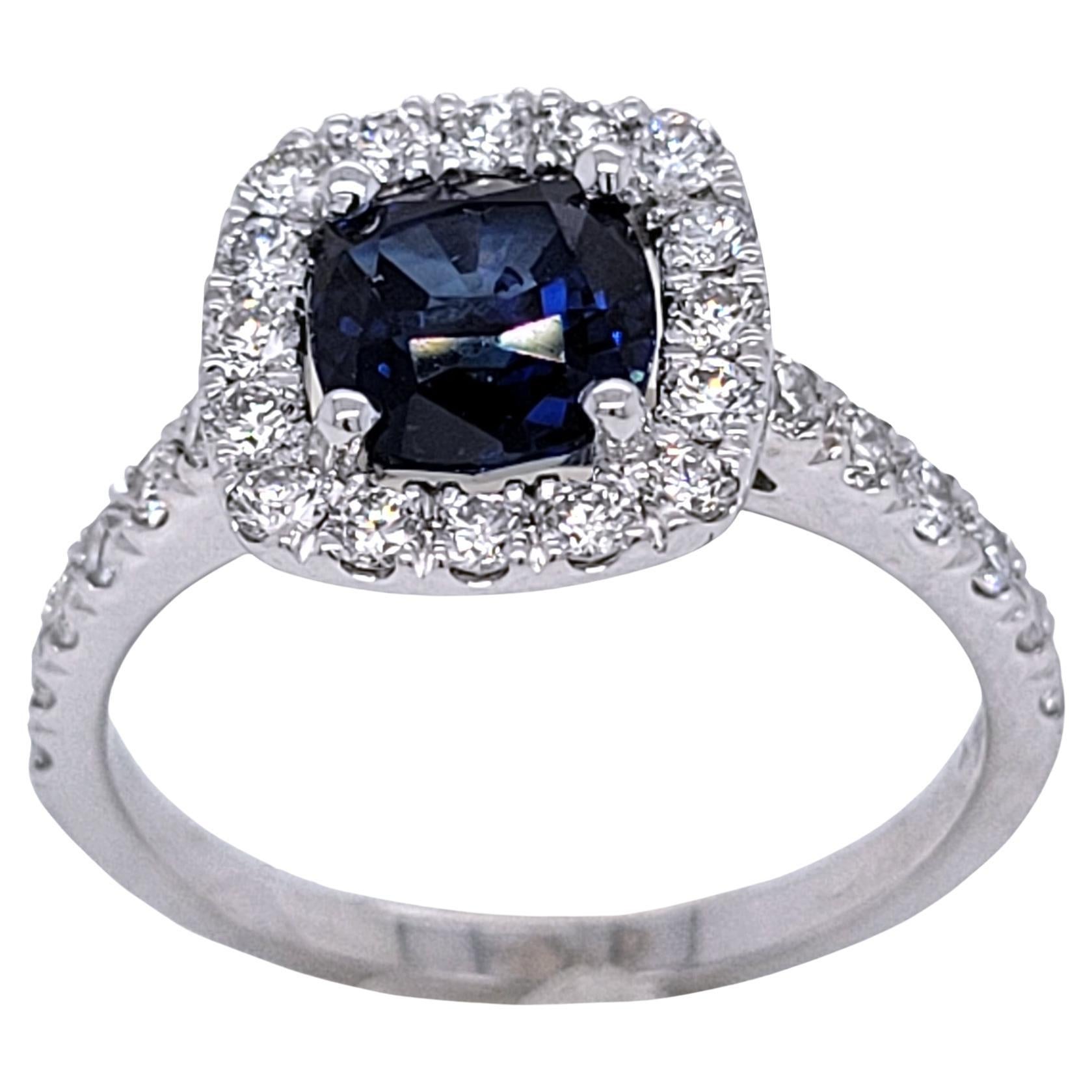1.60 Carat Cushion Shape Sapphire 18 K Pave Set Engagement Ring with Halo For Sale