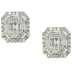1.60 Carat Diamond Cluster Stud Earrings in 18 Karat Gold, Round and Baguette