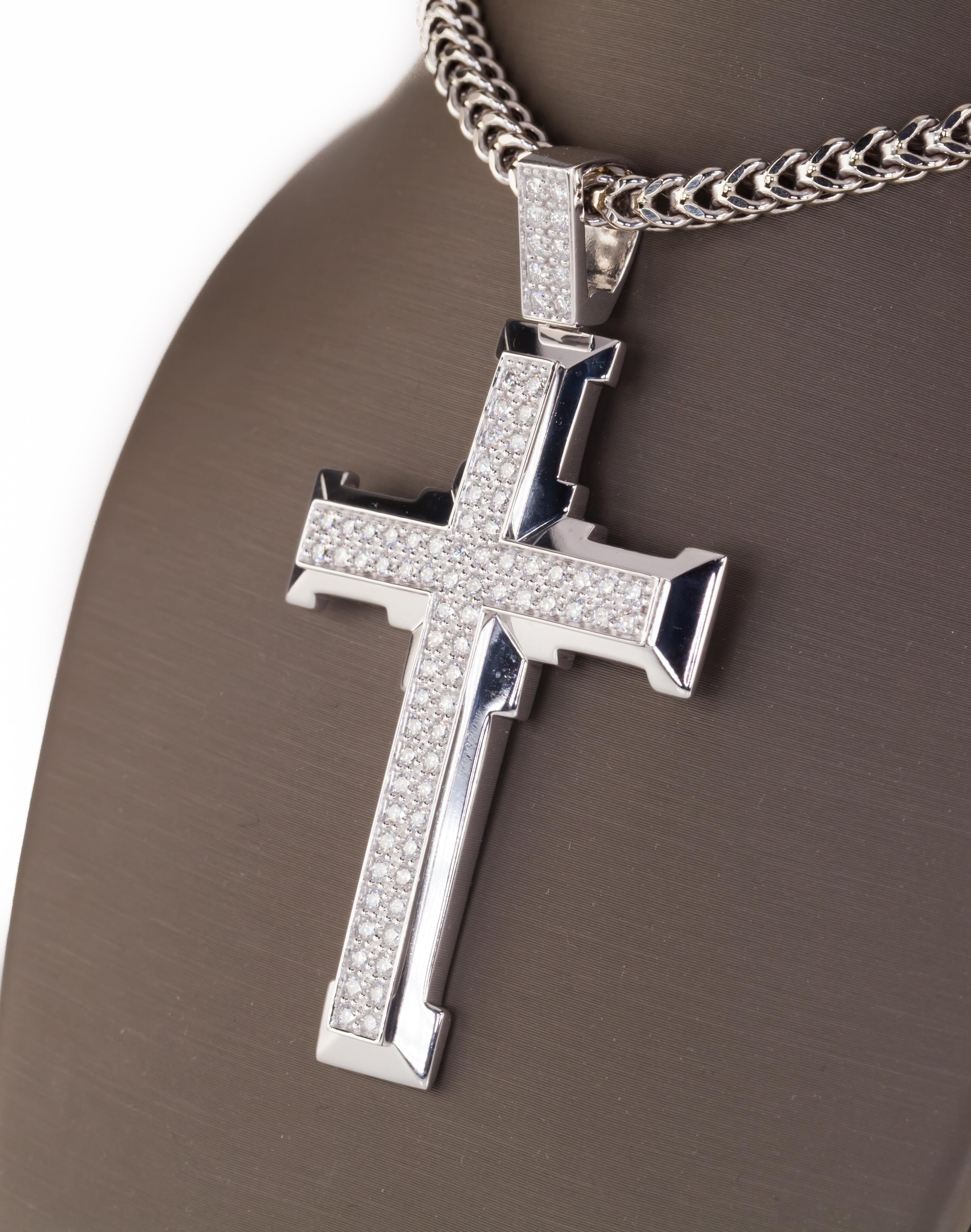 Modern 2 Carat Diamond Cross Pendant with Wheat Chain in White Gold For Sale