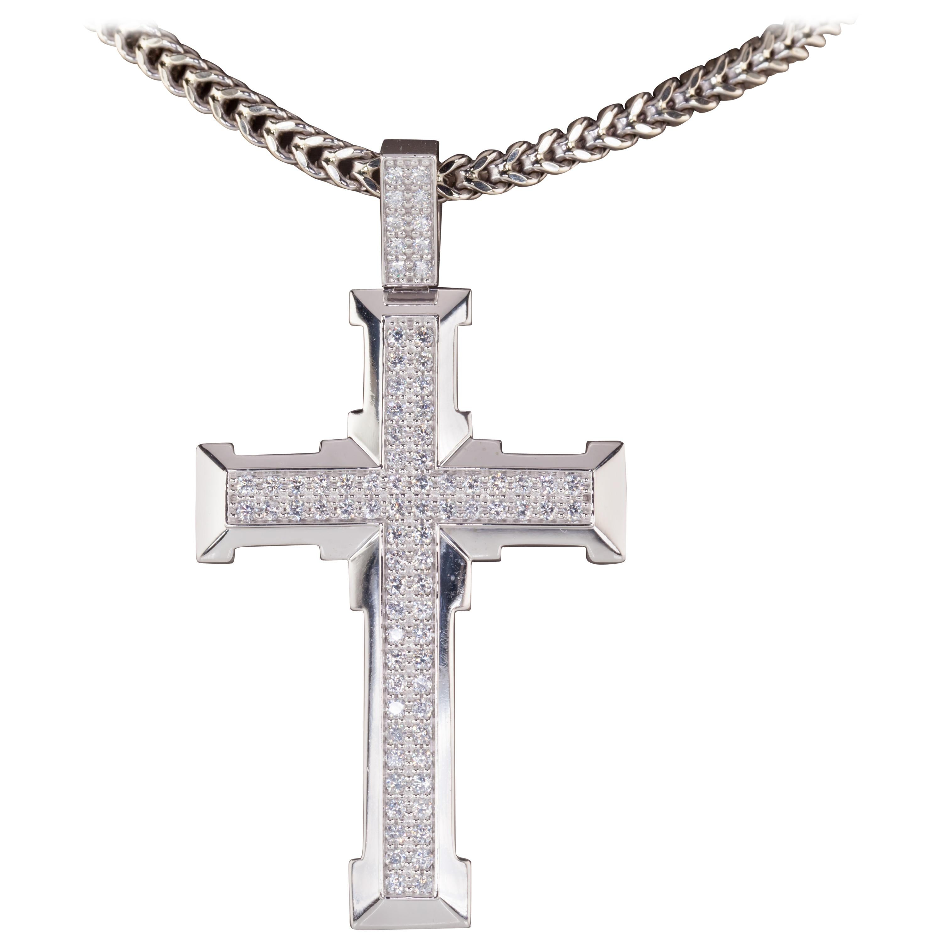 2 Carat Diamond Cross Pendant with Wheat Chain in White Gold For Sale