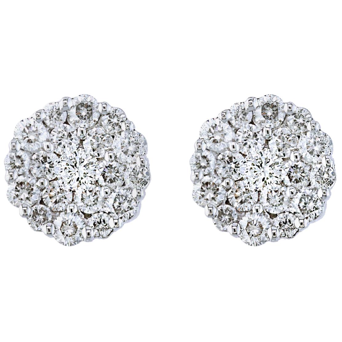 1.60 Carat Diamond Floral Cluster Flower Stud Earrings in 18 Karat White Gold For Sale
