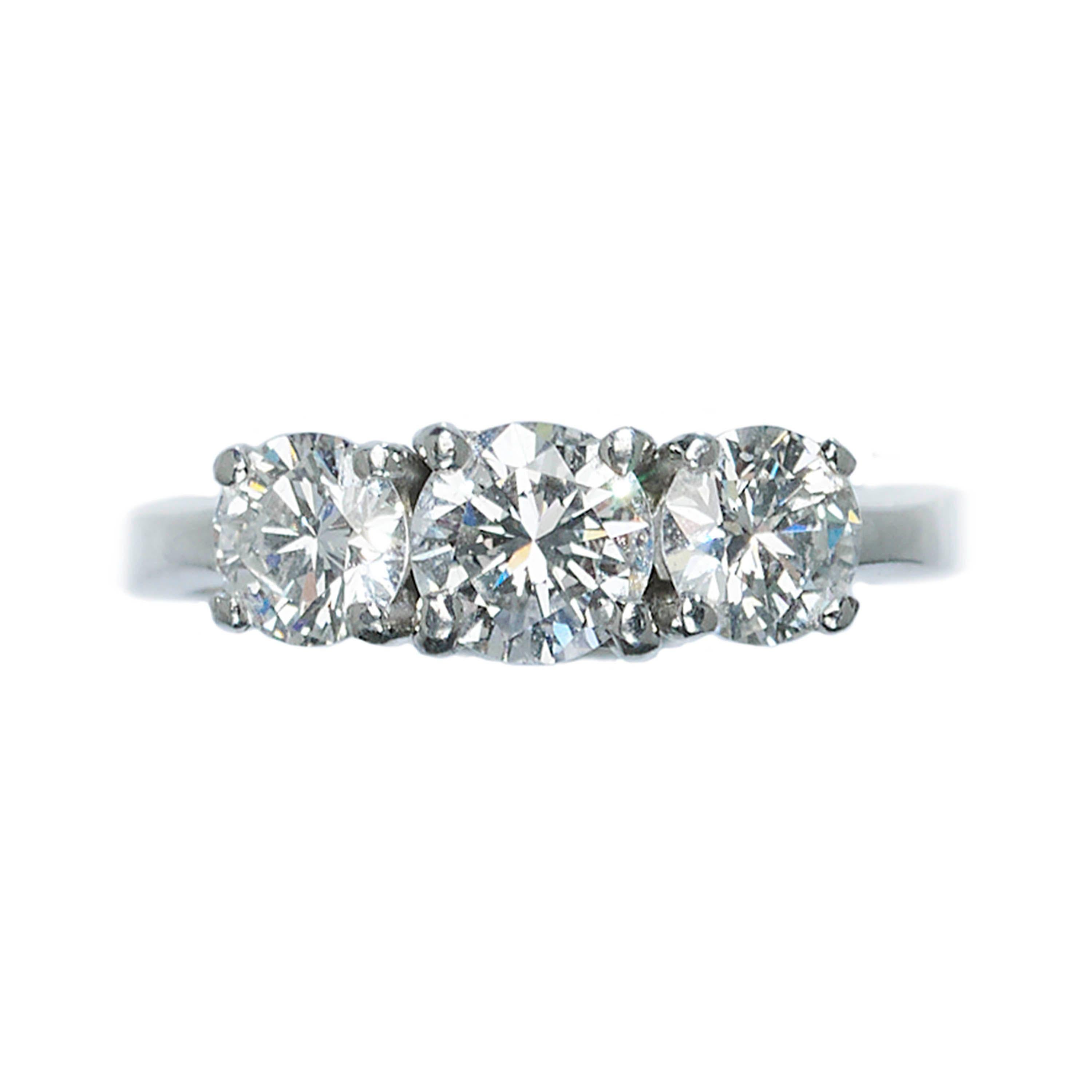 Brilliant Cut 1.60 Carat Diamond Platinum Three-Stone Ring For Sale