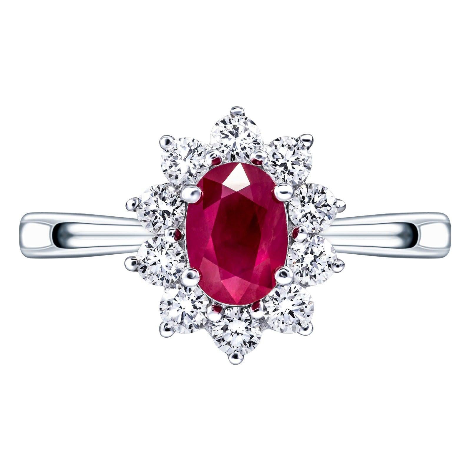 1.60 Carat Diamond Ruby Cluster 18 Karat White Gold Claw Set Round Oval Cut Ring For Sale