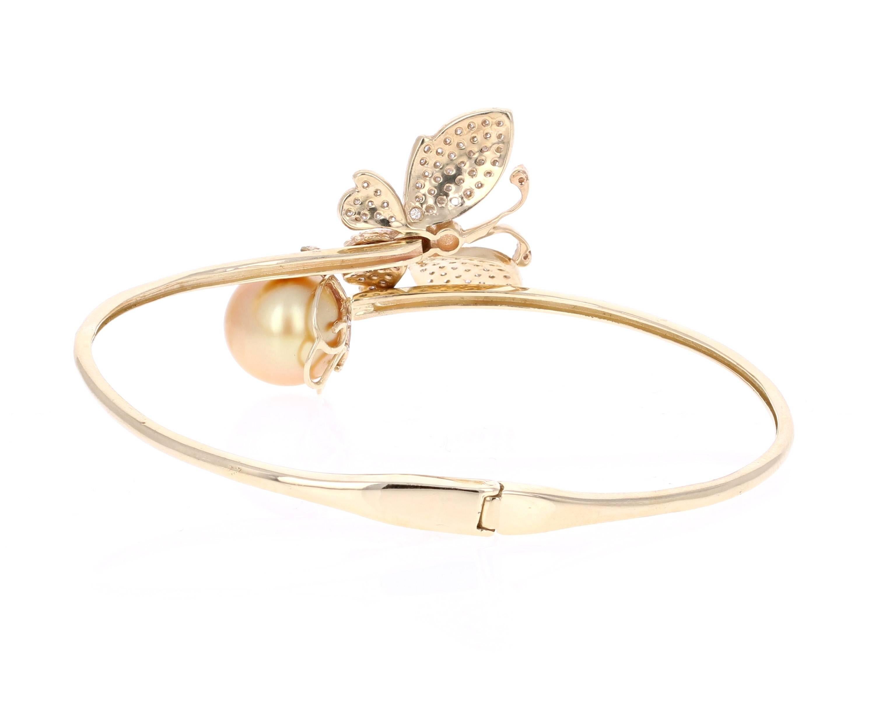 Modern 1.60 Carat Diamond South Sea Pearl Yellow Gold Cuff Bangle Bracelet