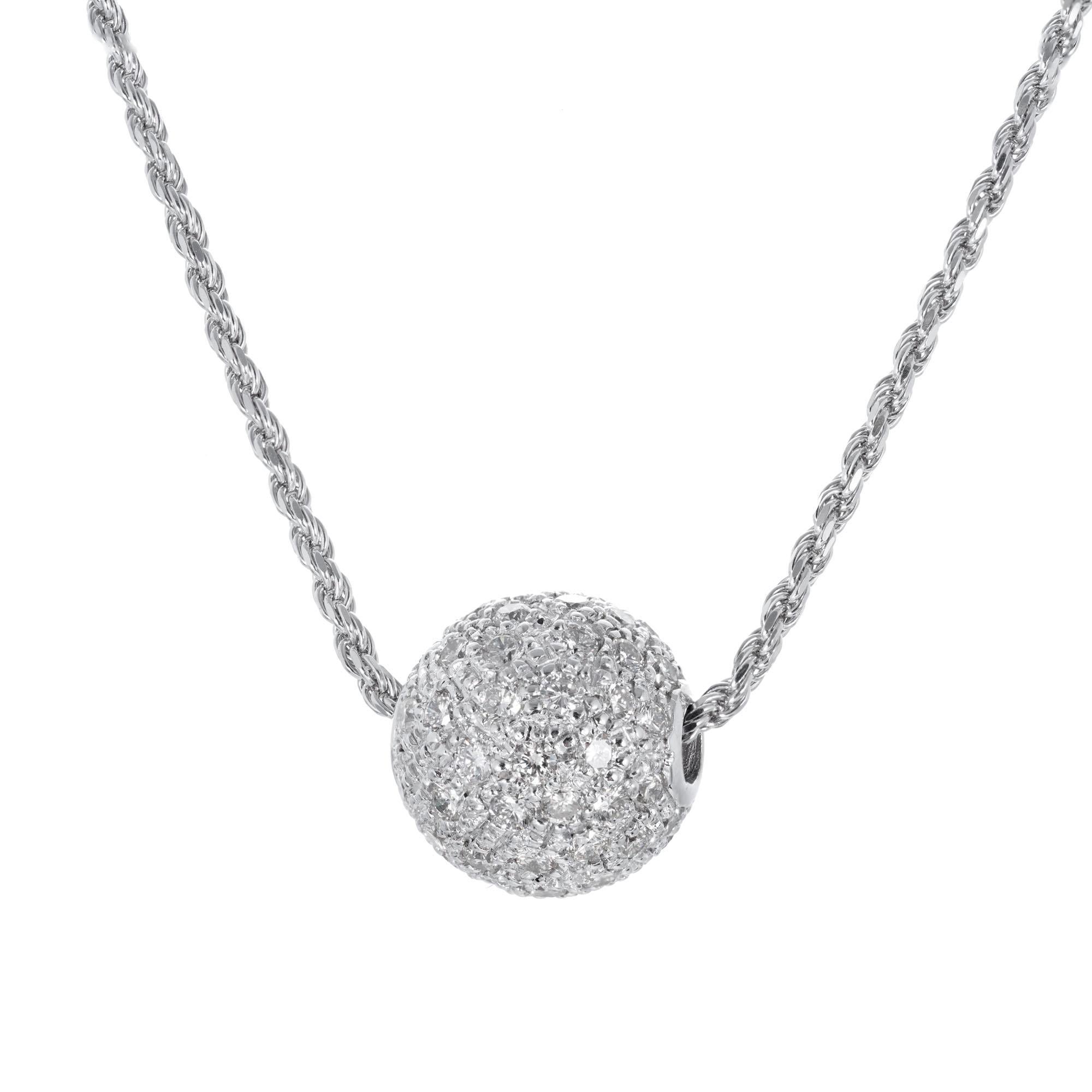 Diamond pave ball necklace. 30 Inch rope chain in 14k white gold with a 15mm white gold pave ball with 1.60 carat of white full cut diamonds.

73 round brilliant cut diamonds G VS, approx. 1.60ct 
14k white gold 
Stamped: 14k
16.5 grams
Top to