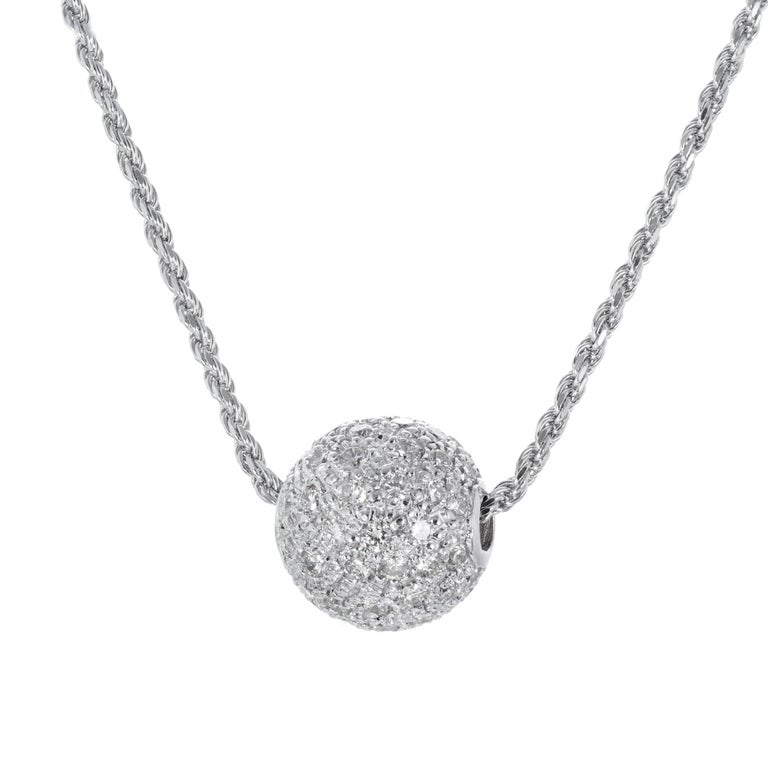 1.60 Carat Diamond White Gold Pave Ball Pendant Necklace at 1stDibs