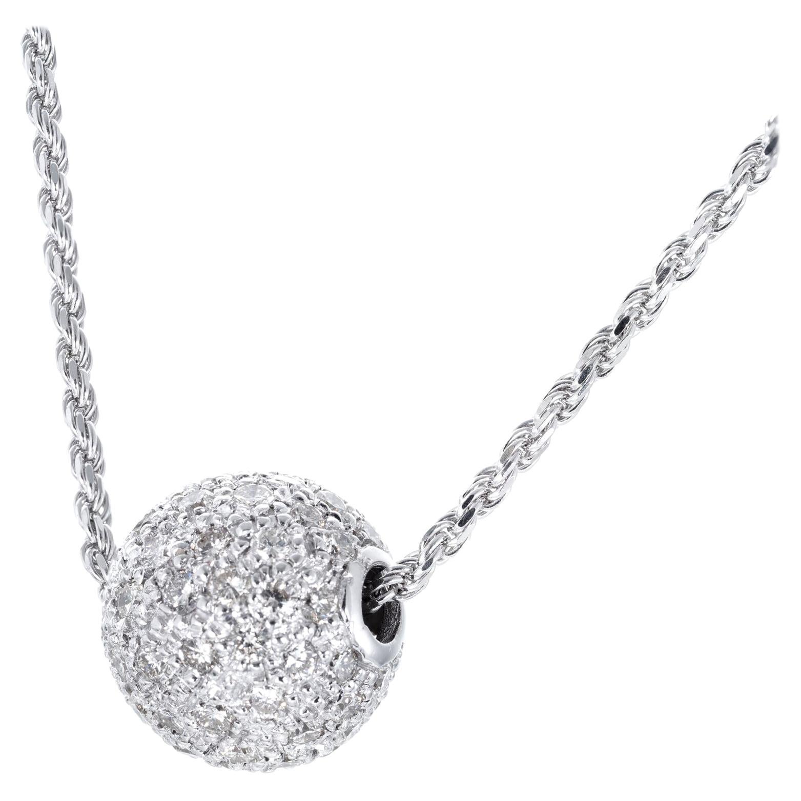 1.60 Carat Diamond White Gold Pave Ball Pendant Necklace