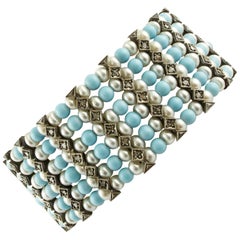 1.60 Carat Diamonds, 20.48 G Pearls Turquoise Rose Gold and Silver Link Bracelet