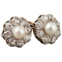 1.60 Carat Diamonds and Pearls Antique French Earrings