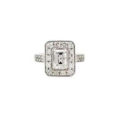 1.60 Carat Emerald Cut Diamond Halo Engagement Ring 14 Karat in Stock