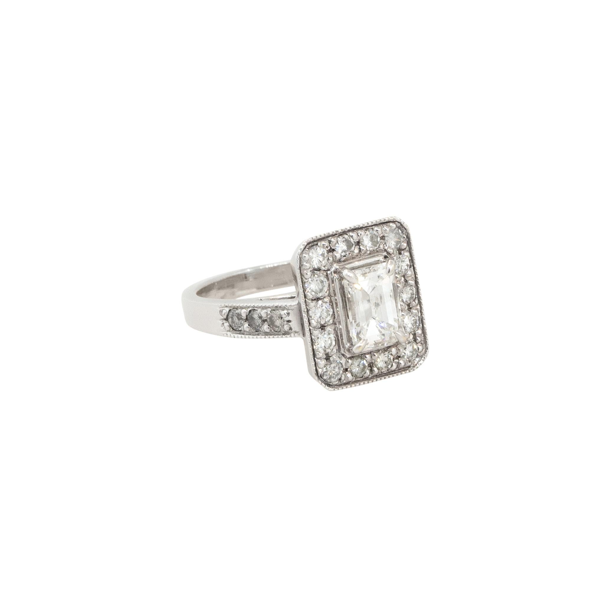 Women's 1.60 Carat Emerald Cut Diamond Halo Engagement Ring 14 Karat in Stock For Sale