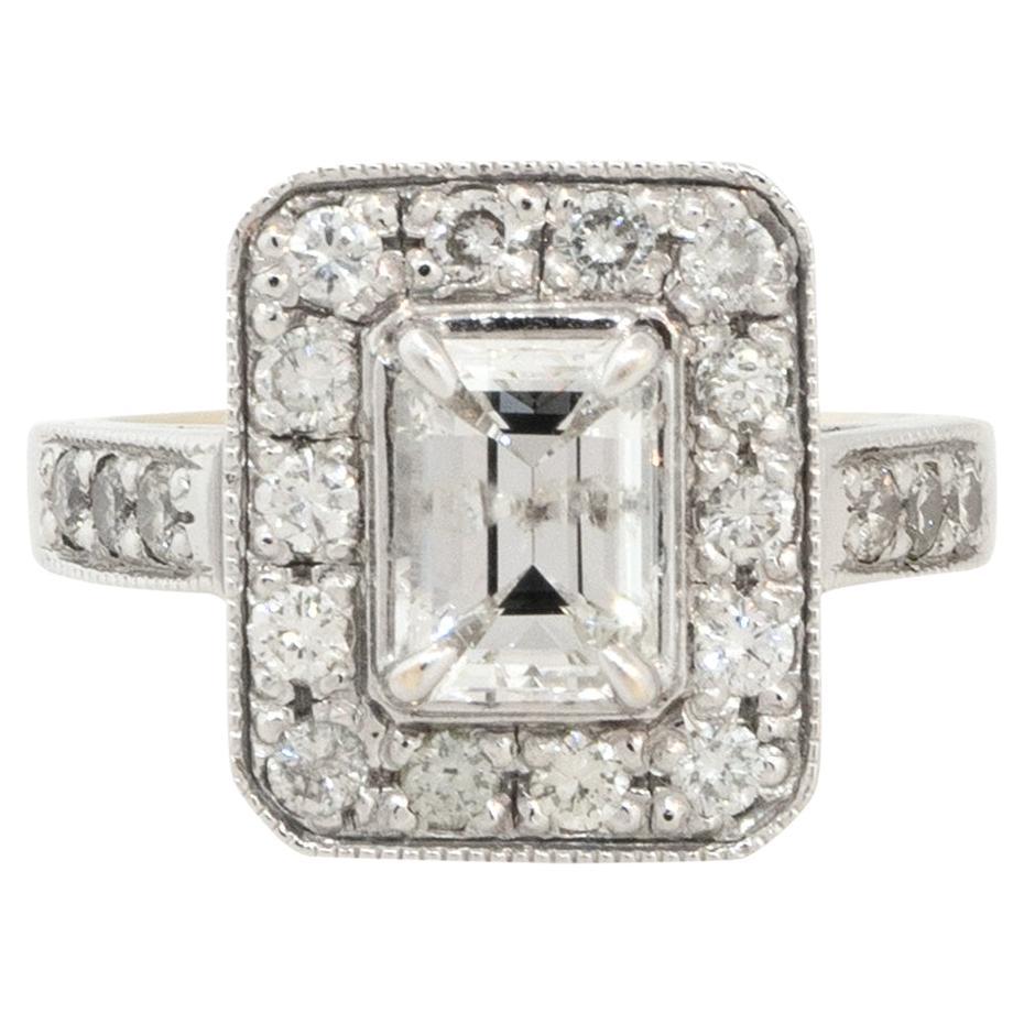 1.60 Carat Emerald Cut Diamond Halo Engagement Ring 14 Karat in Stock For Sale