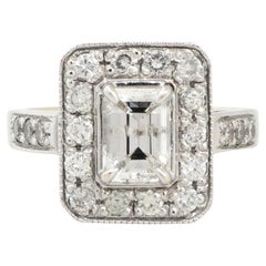 1.60 Carat Emerald Cut Diamond Halo Engagement Ring 14 Karat in Stock