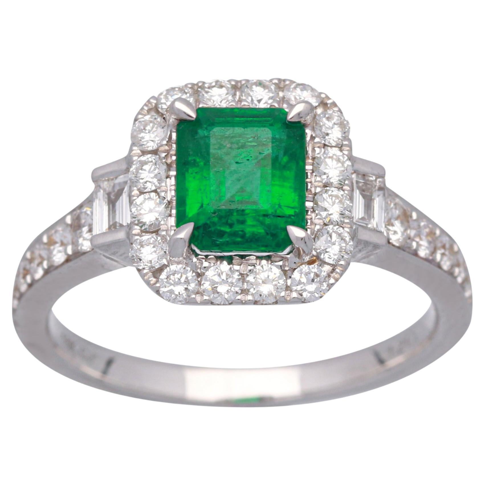 1.60 Carat Emerald Cut Emerald and Diamond Accents 18K White Gold Wedding Ring