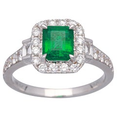Vintage 1.60 Carat Emerald Cut Emerald and Diamond Accents 18K White Gold Wedding Ring