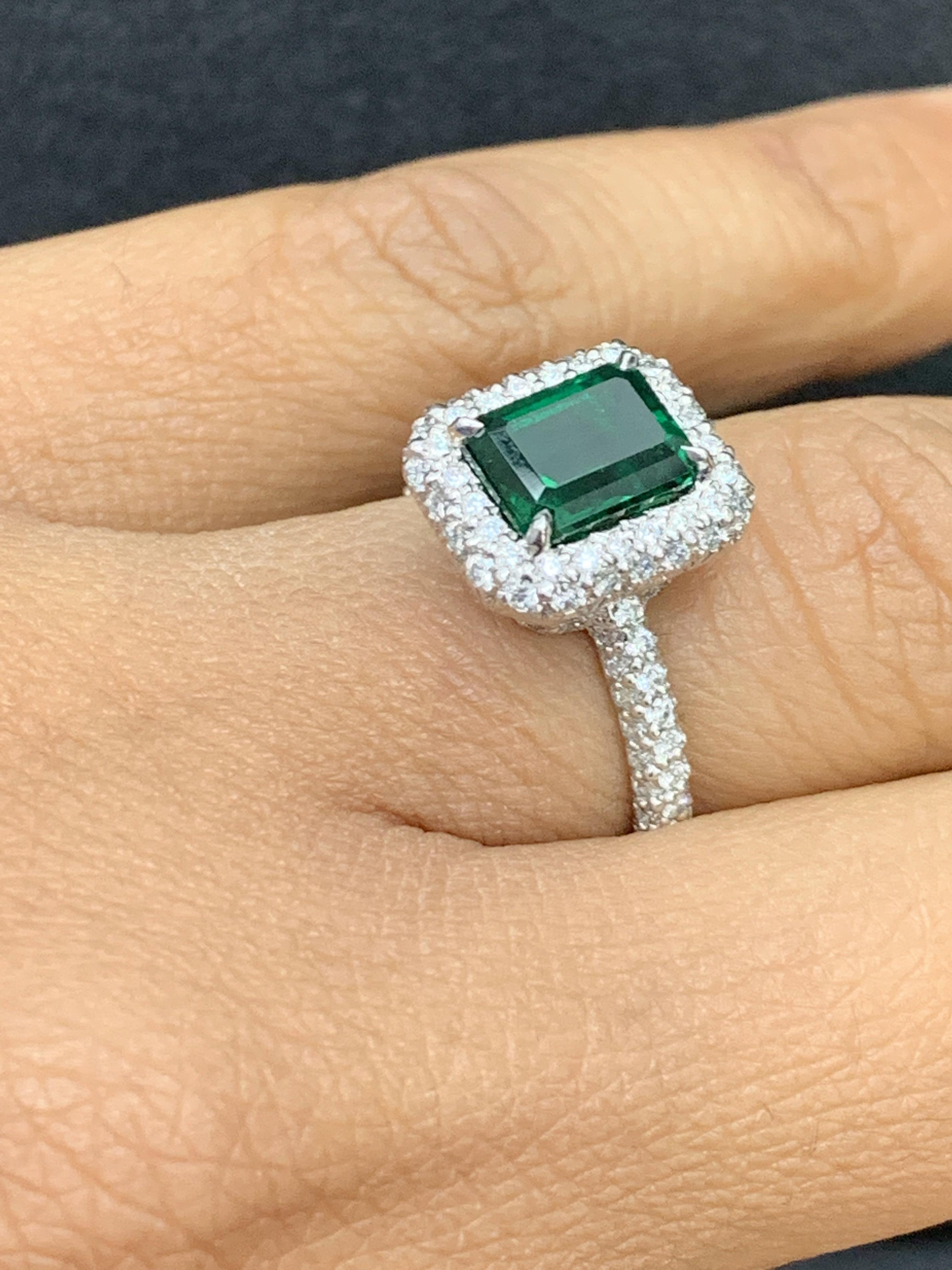 Modern 1.60 Carat Emerald Cut Emerald and Diamond Engagement Ring in Platinum For Sale