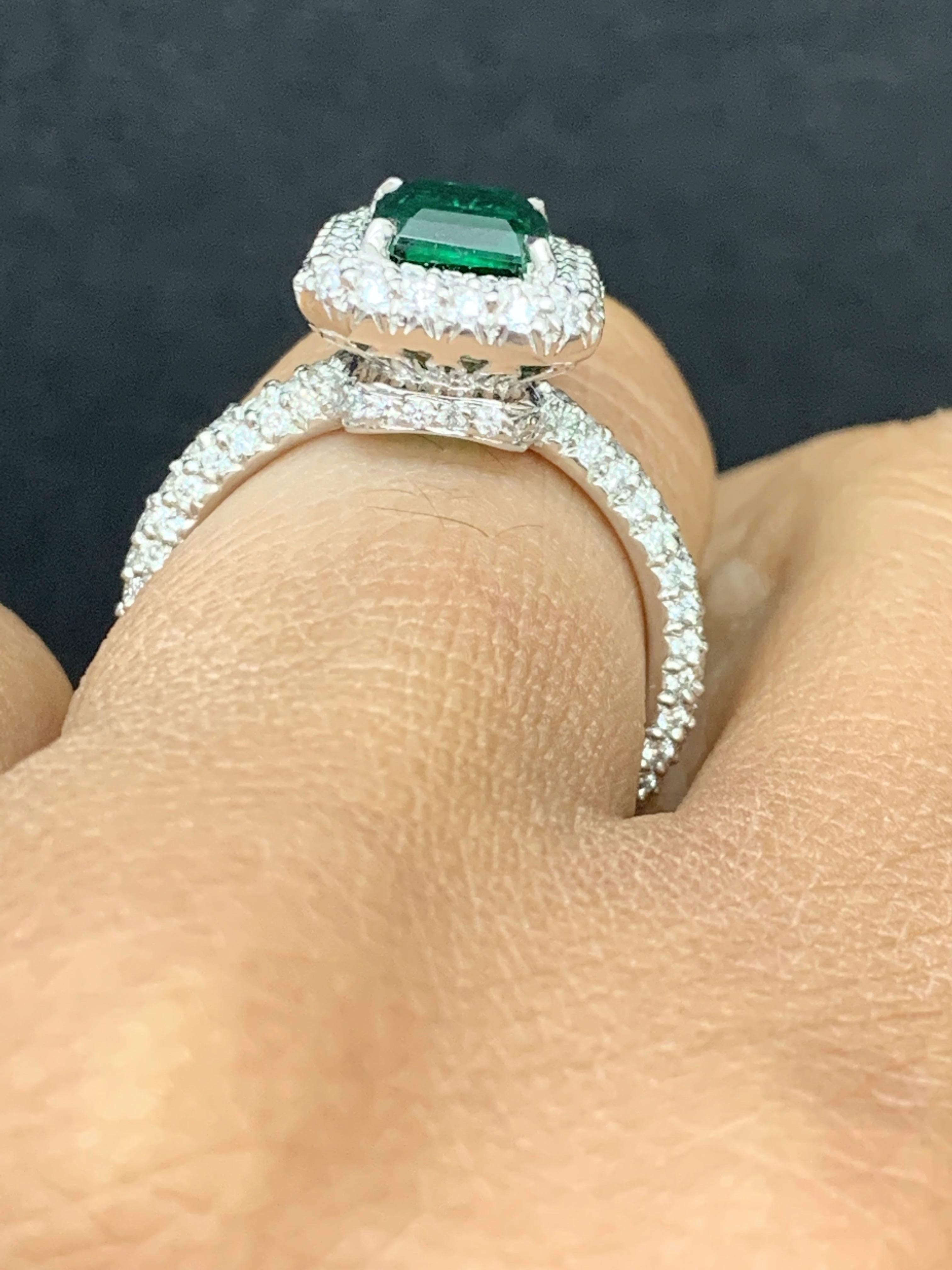 1.60 Carat Emerald Cut Emerald and Diamond Engagement Ring in Platinum For Sale 1