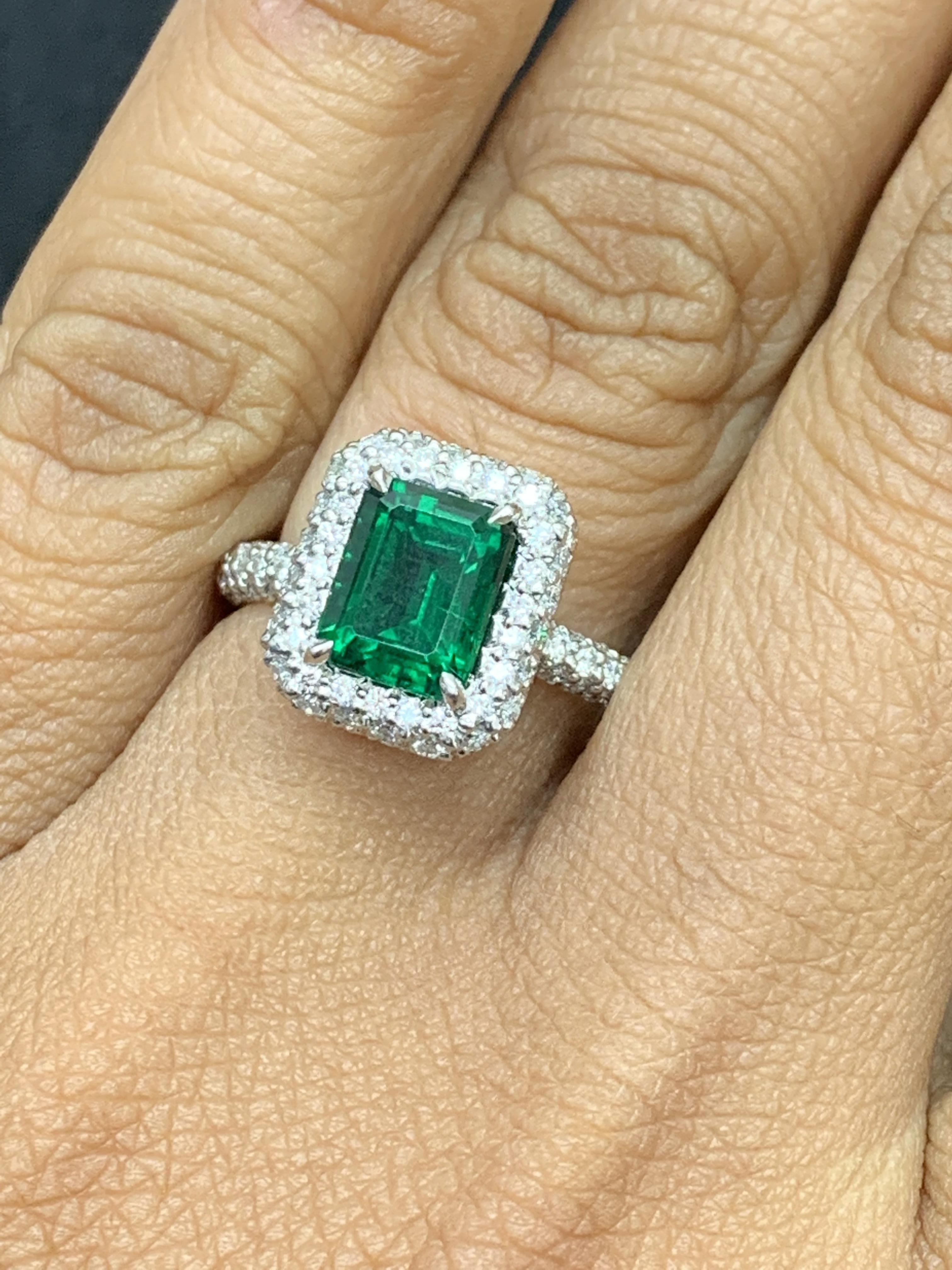 1.60 Carat Emerald Cut Emerald and Diamond Engagement Ring in Platinum For Sale 2