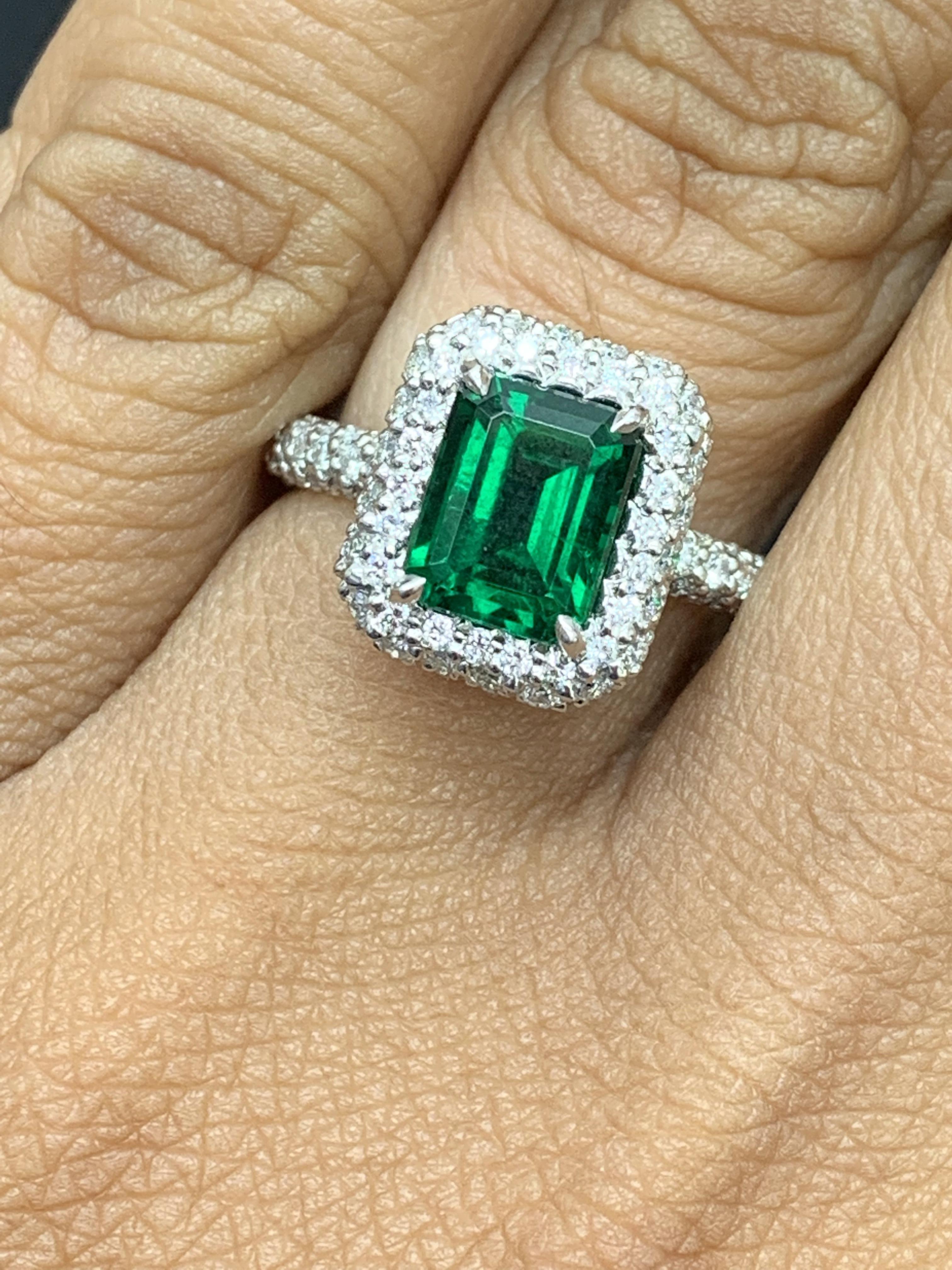1.60 Carat Emerald Cut Emerald and Diamond Engagement Ring in Platinum For Sale 3