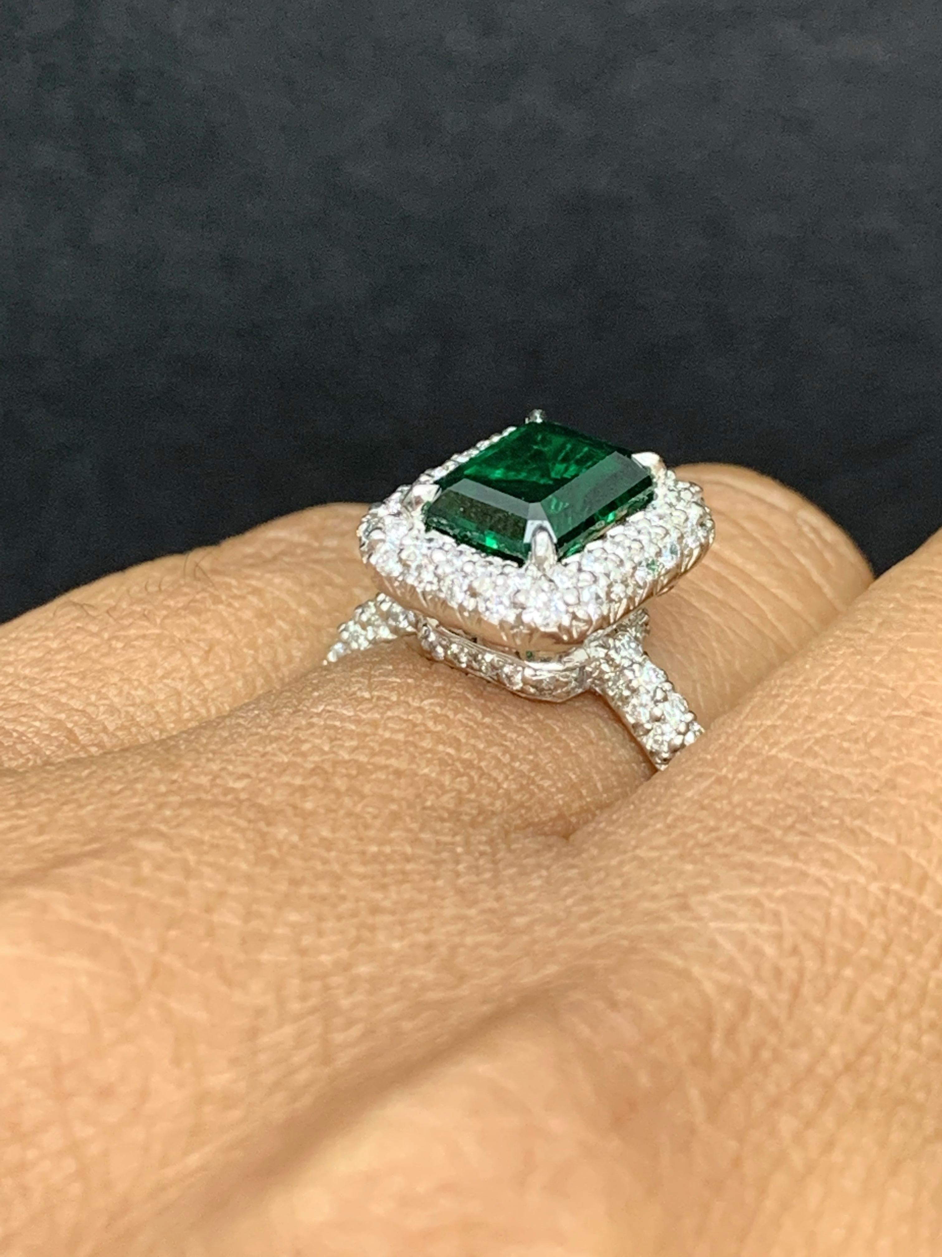 1.60 Carat Emerald Cut Emerald and Diamond Engagement Ring in Platinum For Sale 4