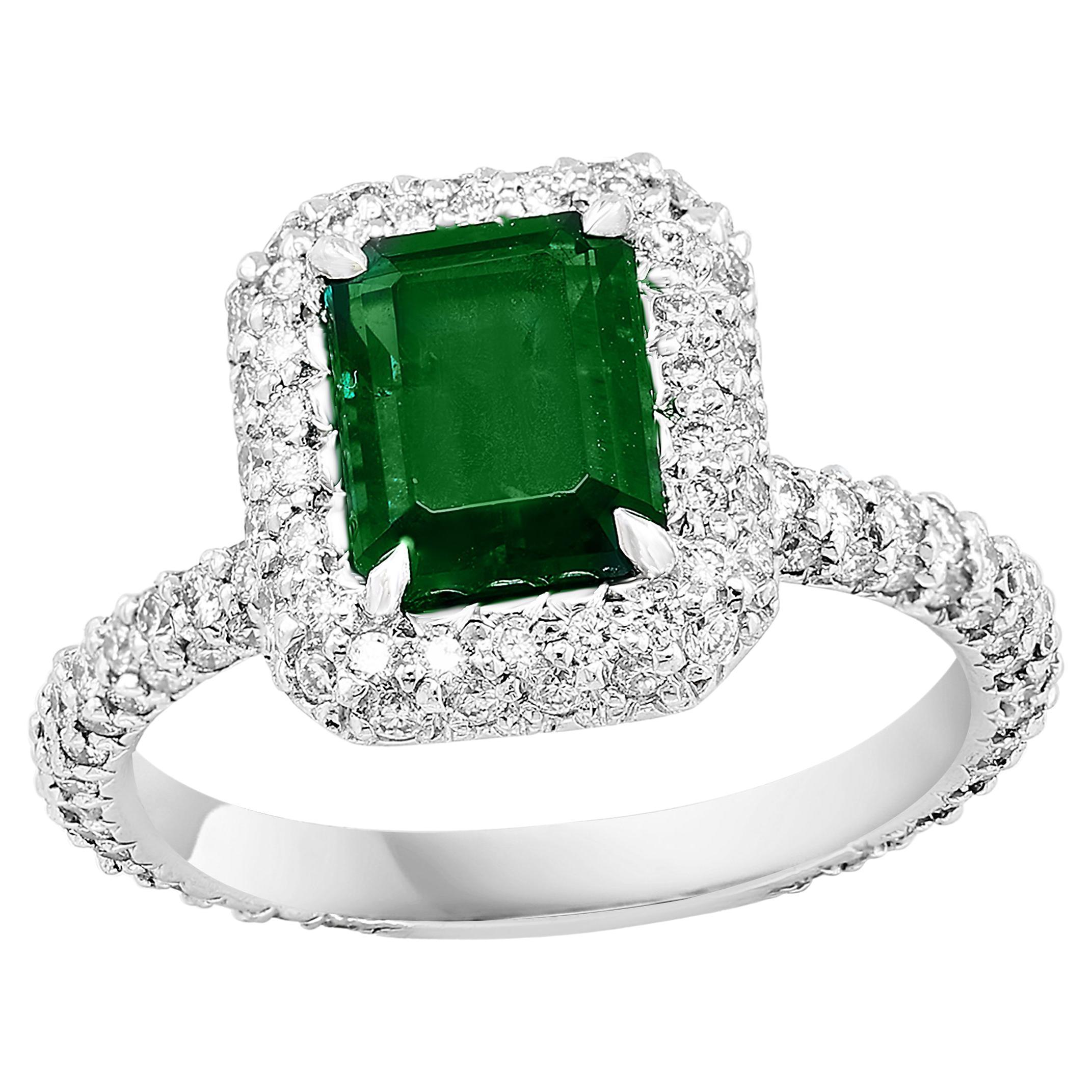 1.60 Carat Emerald Cut Emerald and Diamond Engagement Ring in Platinum For Sale