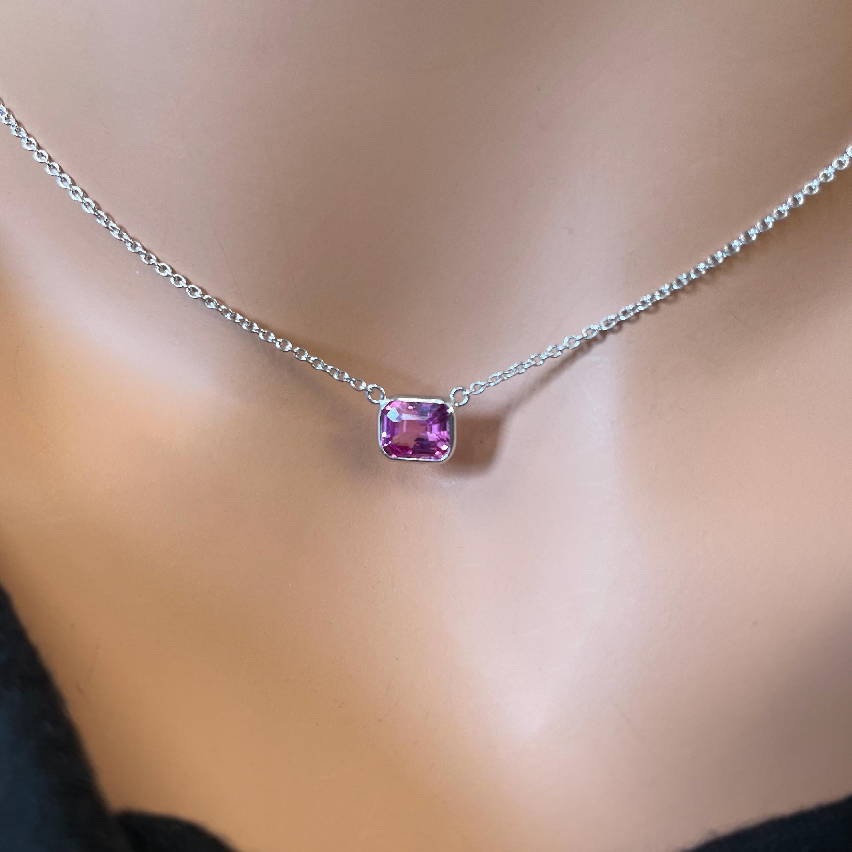 Contemporary 1.60 Carat Emerald Cut Pink Sapphire Fashion Necklaces In 14K White Gold   For Sale