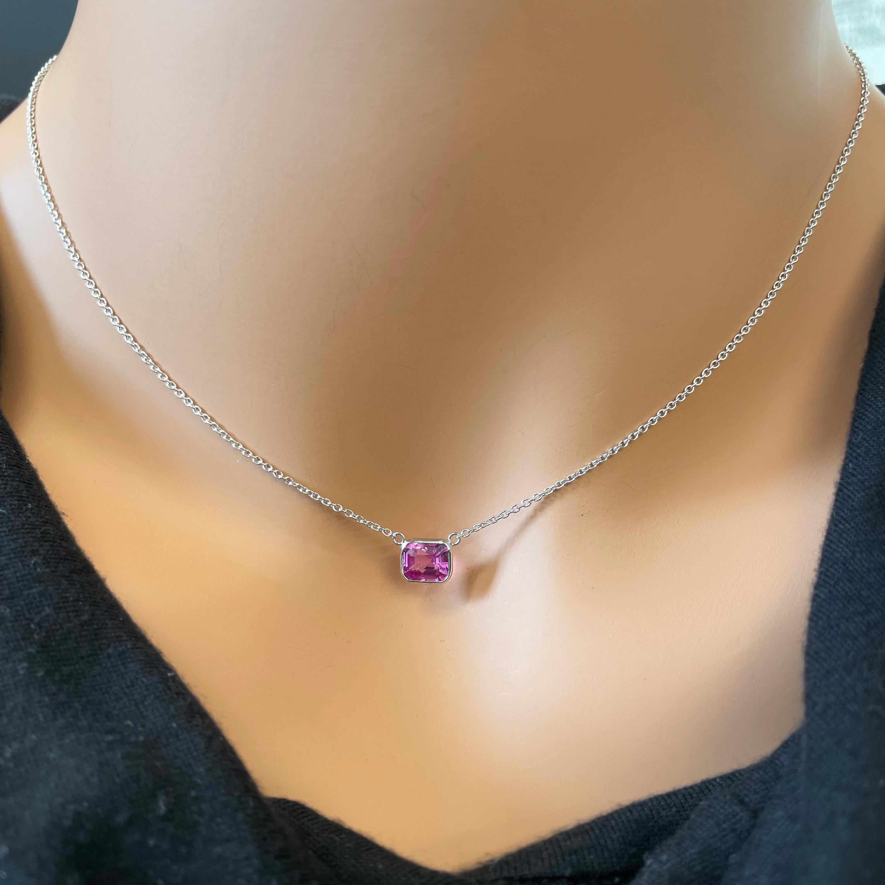 1.60 Carat Emerald Cut Pink Sapphire Fashion Necklaces In 14K White Gold   In New Condition For Sale In Chicago, IL