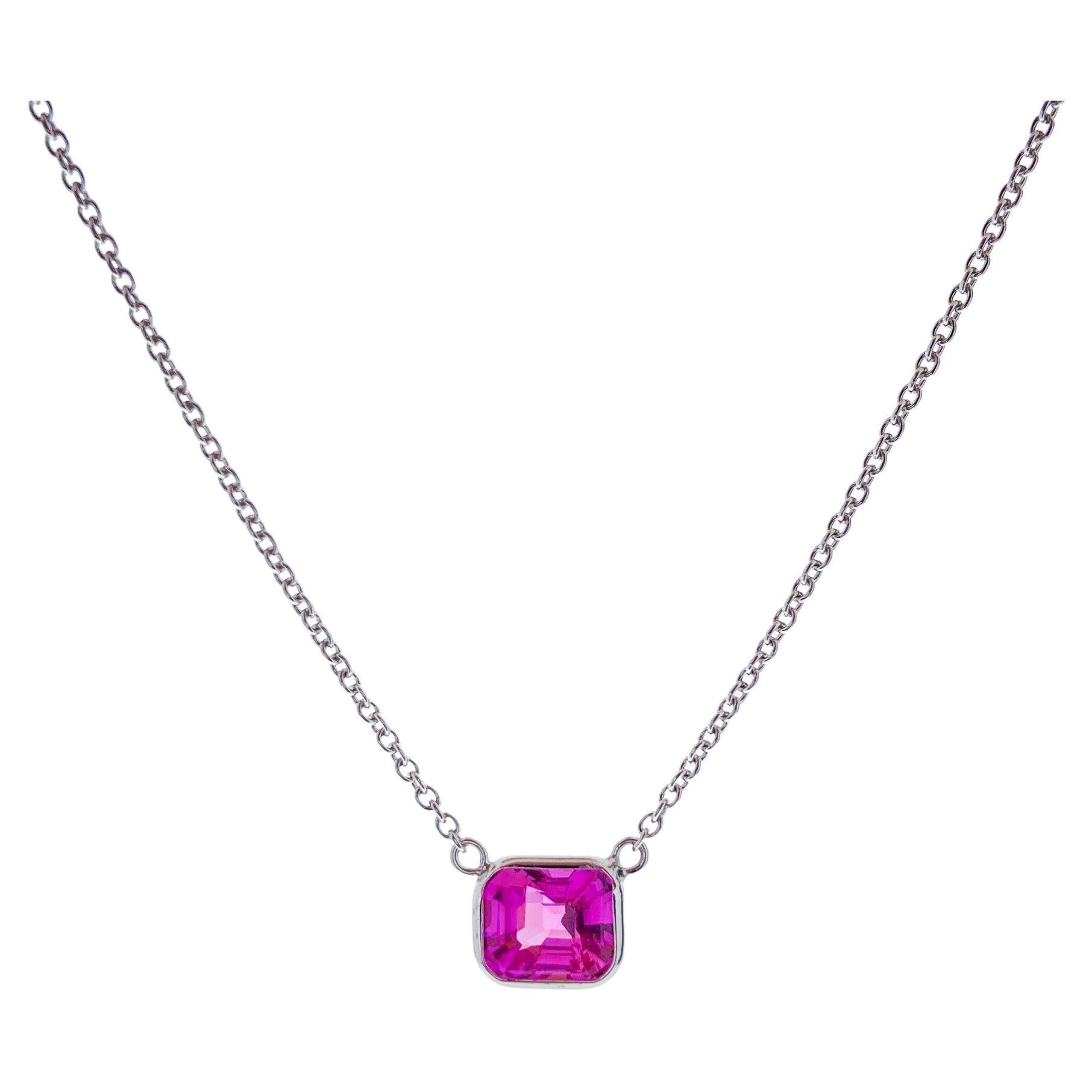 1.60 Carat Emerald Cut Pink Sapphire Fashion Necklaces In 14K White Gold   For Sale