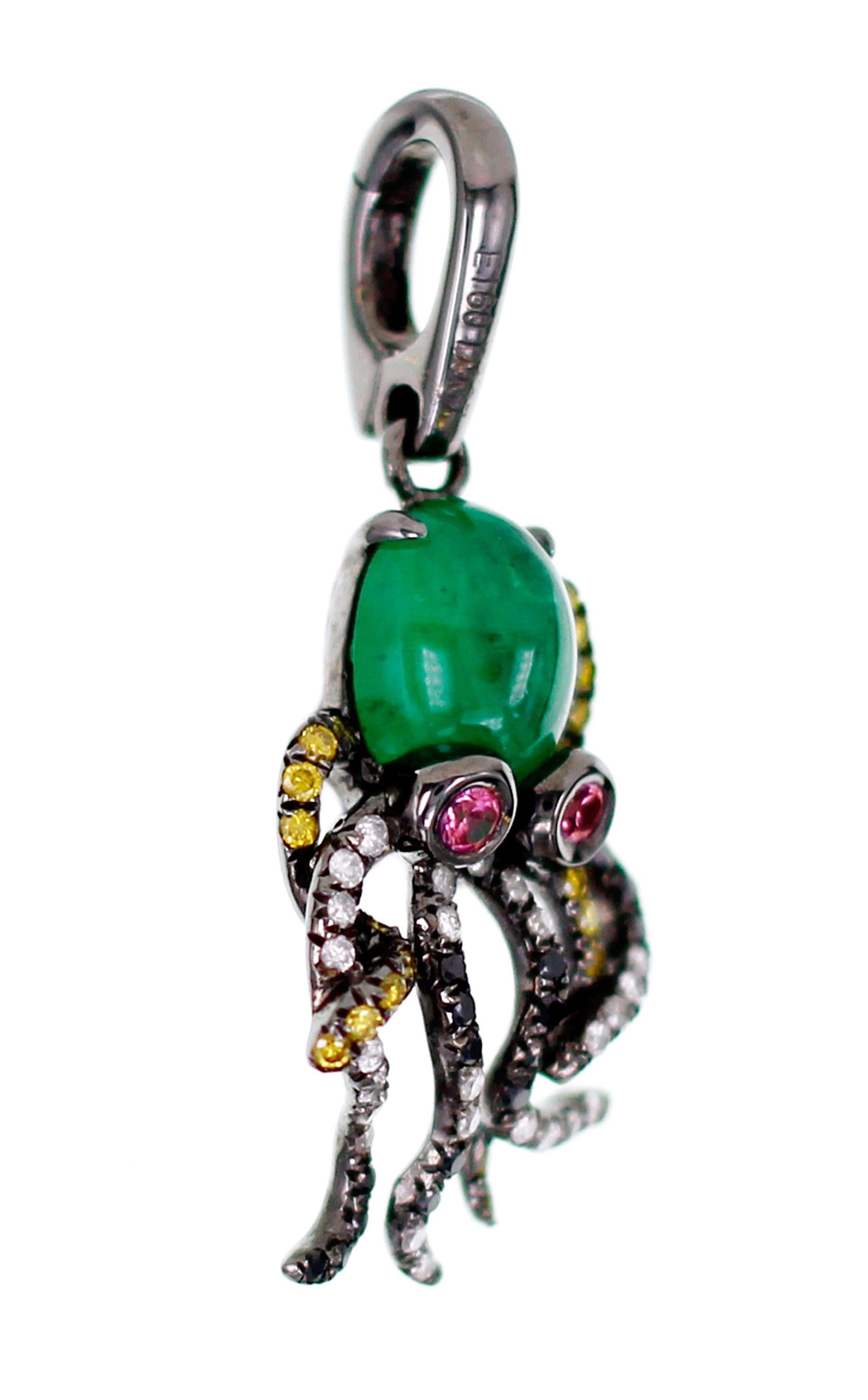 Presenting from our KIDS collection, this beautifully put together Octopus has a lovely 1.60 carat of Emerald, two radiant pink sapphires eyes and a sprinkle of natural vivid yellow diamond. 