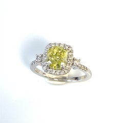 1.60 Carat Fancy Intense Greenish Yellow Cushion-Cut Diamond Halo Ring GIA VVS2