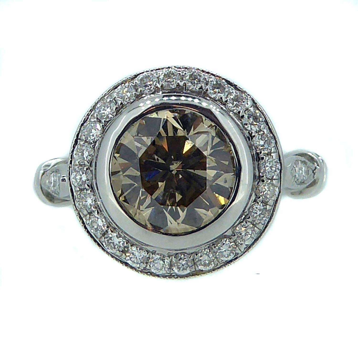 1.60 Carat Fancy Light Yellow Diamond Ring, Halo Cluster, White Gold