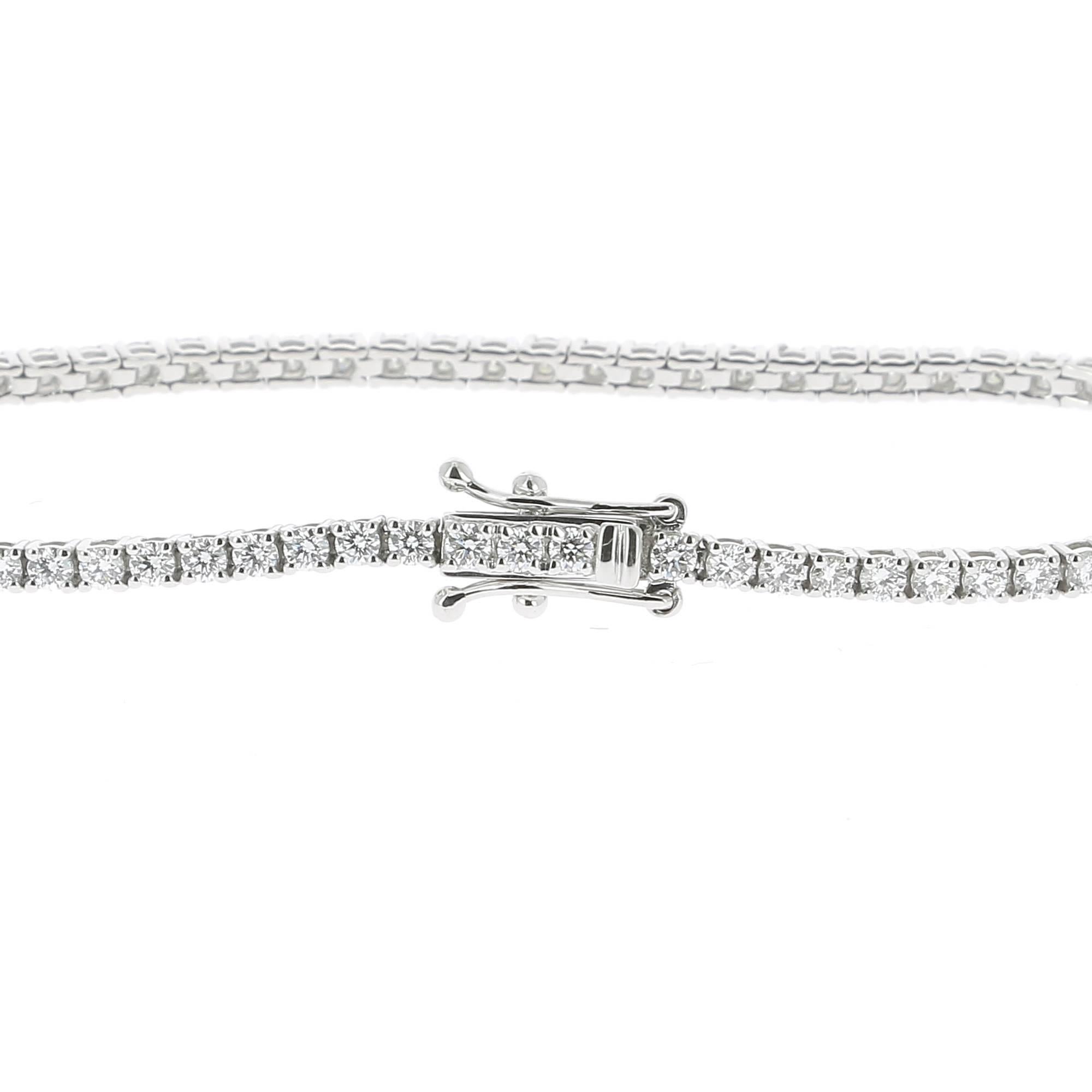An amazing Diamond Tennis Bracelet is made with 80 Round-Cut Diamonds weighing 1,60 carats.
The Diamonds are GVS qualities.
The Length of the bracelet is 18 cm (7 In).
The Bracelet is 18K White Gold.
Also available in 18K Rose Gold and 18K Yellow